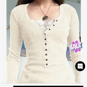 Emmiol Lace Paneled Button Long Sleeve Knit Top Women’s Size Small NWT